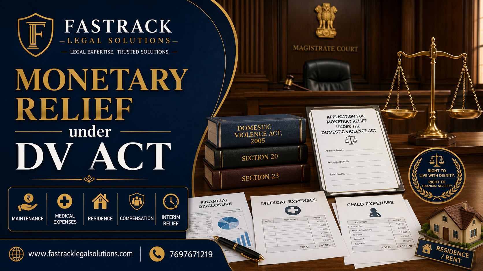 monetary relief under Domestic Violence Act, Section 20 DV Act, DV Act maintenance, Domestic Violence Act India, Section 23 DV Act, residence order DV Act, compensation under DV Act, matrimonial law India, women legal rights India, Rajnesh v Neha, family law India, Fastrack Legal Solutions